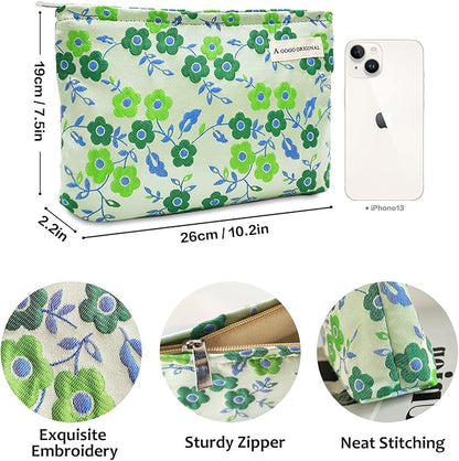 STARDW Aesthetic Floral Makeup Bag Cute Small Cosmetic Bags for Women Girls, Travel Toiletry Bag Large Capacity Zipper Makeup Pouch, Purse Organizer Pouches (Green Flowers)