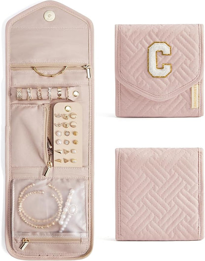 BAGSMART Travel Jewelry Organizer Case C Initial Foldable Jewelry Roll for Journey Rings, Necklaces, Earrings, Bracelets,Mini,Letter K,Soft Pink