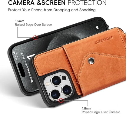 LUCKYCOIN Crossbody Wallet Phone Case for iPhone 15 Pro,100% Genuine Leather Wallet Phone Case with Expandable Flip Card Holder,Phone Purse for Women with Adjustable Removable Strap - Brown