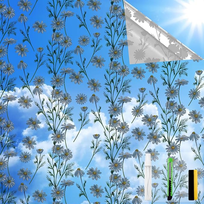 One Way Privacy Film, Window Tint for Home,Daytime Reflective, Anti UV Static Cling Sliding Door Coverings No Glue Garage Solar Paper (Silver -Daisy, 45.27 x 78.7 in)