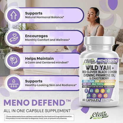 Clean Nutra Wild Yam Root Capsules with Red Clover Black Cohosh Evening Primrose Oil Chasteberry Dong Quai DIM Ashwagandha Grape Seed Extract Milk Thistle Lemon Balm and more Hormone Balance For Women