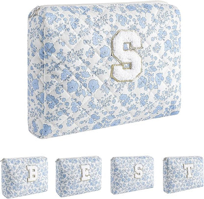 Alphabet Makeup Bag Cosmetic Bag for Women, Christmas Gifts for Age 11-18, Personalized Floral Coquette Travel Bag, Trendy Stuff Zipper Make Up Pouch Organizer Bag (Blue Floral S)