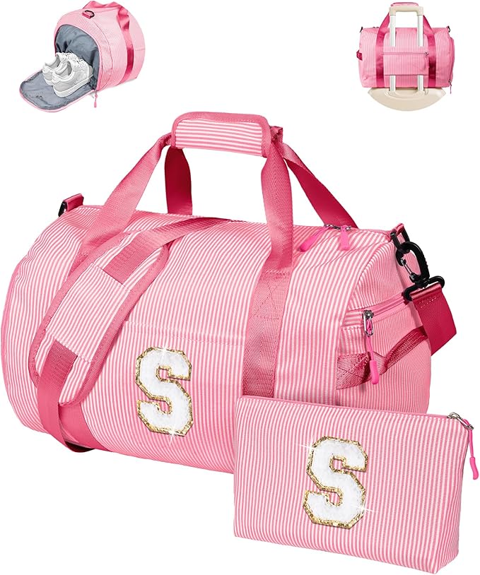 Birthday Gift for Teenager, Girls Travel Duffle Bag, Kids Initial Overnight Bags with Shoe Compartment, Personalized Weekend Bag with Makeup Pouch, Stocking Stuffers (Letter S)