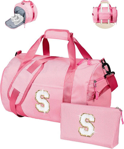 Birthday Gift for Teenager, Girls Travel Duffle Bag, Kids Initial Overnight Bags with Shoe Compartment, Personalized Weekend Bag with Makeup Pouch, Stocking Stuffers (Letter S)