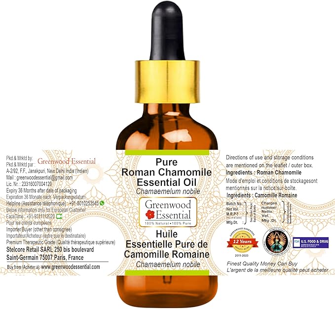Greenwood Essential Roman Chamomile Essential Oil (Chamaemelum nobile) with Glass Dropper | Pure | Non-Sticky | Non-greasy | Lightweight | Men & Women | All Skin Types | Steam Distilled 10ml (0.33 oz)