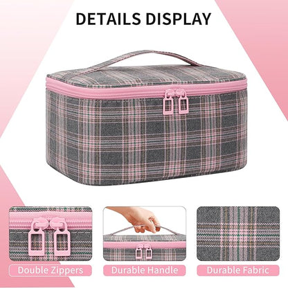 OCHEAL Makeup Bag for Women - Travel Cosmetic Organizer with Brush Slot & Divider, Large Capacity Toiletry Bag for Girls, Travel Makeup Case for everyday Make up Accessories -Pink Plaid