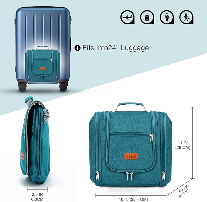 Hanging Travel Toiletry Bag for Women and Men, 6 Organizer Compartments, Large Toiletries essentials, Bathroom Cosmetic Accessories, Water-resistant Makeup Bag, Holds Full-Size Shampoo, Blue