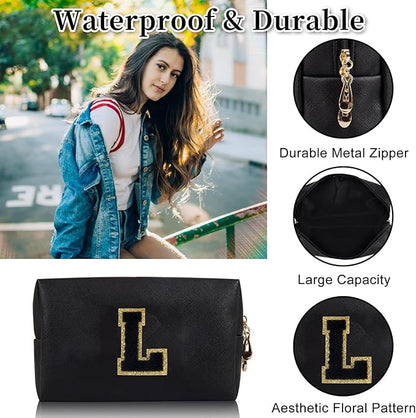 Personalized Initial Letter Patch Makeup Bag, Preppy Portable Chenille Letter Cosmetic Bag with Zipper, PU Leather Waterproof Travel Toiletry Bag Monogram Make Up Pouch for Women Girls(Letter L)