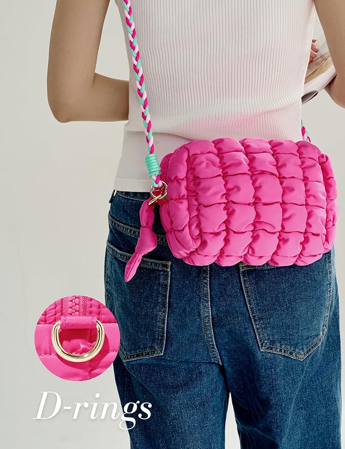 Yarnic Quilted Makeup Bag Cosmetic Bag, Travel Toiletry Bag for Women, Cute Makeup Bag Organizer Hot Pink Puffer Makeup Pouch (M, Hot Pink)