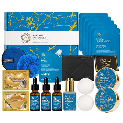 21 Pcs Men Facial Skin Care Set, Luxury Bath & Beard Gift Set for Men, Spa & Self-Care Gift, Clay Mask, Cleanser, Beard Oil, Cologne Present, Birthday, Christmas, Valentines, Father Day, Boyfriend