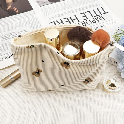 Corduroy Makeup Bag Cute Small Soft Zipper Cosmetic Bag for Purse Coquette Aesthetic Cosmetic Pouch with Bear Toiletry Storage Pouches Travel Makeup Bags Organizer Gifts for Women (Beige)