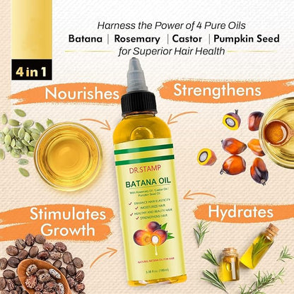 Batana Oil for Hair Growth & Scalp Care – 4-in-1 Liquid Batana Oil with Rosemary, Castor & Pumpkin Seed Oil – Strengthens, Moisturizes & Revitalizes Dry, Damaged Hair (2 Pack)
