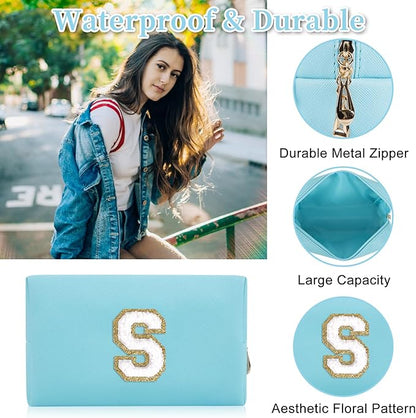 Personalized Initial Letter Patch Makeup Bag, Preppy Portable Chenille Cosmetic Bag with Zipper, PU Leather Waterproof Travel Toiletry Bag Monogram Make Up Pouch for Women Girls