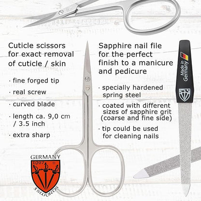 3 Swords Germany - Brand Quality 6 Piece Manicure Pedicure Grooming kit Set - Scissors, Metal and Glass Nail File, Clipper, Tweezers with Synthetic Leather case - Snake