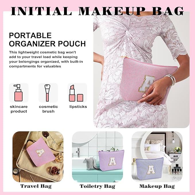 Initial Makeup Bag Set - Cute Pink Stuff for Women, Makeup Pouch Cosmetic Bag, Travel Essentials Toiletry Bag, Birthday Christmas Gifts for Women Stocking Stuffers, Pink Letter E