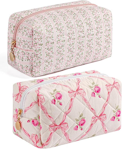 Makeup Bag Travel Cosmetic Bag for Women Girls, Zipper Make Up Pouch, Floral Flowers Toiletry Organizer Makeup, Portable Storage Bag, Cosmetic Travel Cloth Bag (Pink+Pink Bowknot)