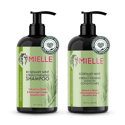 Mielle Organics Rosemary Mint Strengthening Shampoo and Leave-In Conditioner Infused with Biotin, Cleanses and Helps Strengthen Weak and Brittle Hair, 12 Ounces