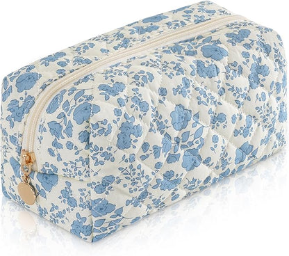 Makeup Bag Travel Toiletry Bag for Women, Small Cosmetic Bags Cute Quilted Cotton Makeup Pouch for Purse Emergency Bag for School Floral Pencil Case Accessory Bag, Blue