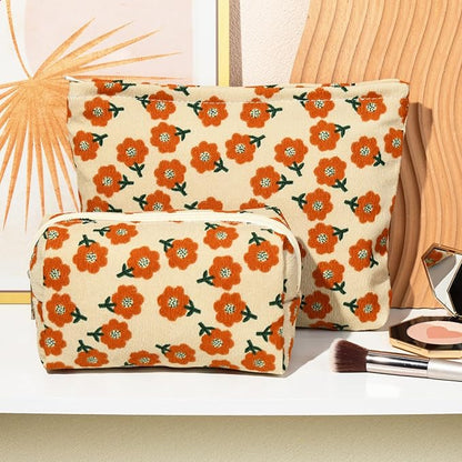 SOIDRAM 2 Pieces Flower Makeup Bag Large Corduroy Cosmetic Bag Capacity Canvas Mix Travel Toiletry Bag Organizer Cute Makeup Brushes Aesthetic Accessories Storage Bag for Women, Flower Mix Orange