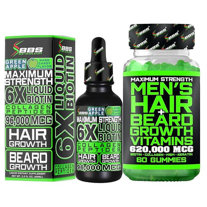 Biotin Gummies 620,000mcg + Liquid Biotin Drops with Collagen Peptides – Men's Beard Growth Kit for Thicker Fuller Beard – Beard & Hair Growth Vitamins with MSM, Keratin, Bamboo & Zinc