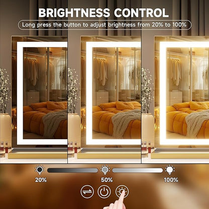 Hasipu Vanity Mirror with Lights, 28" x 20" LED Makeup Mirror, Lighted Makeup Mirror with Dimmable 3 Modes, Touch Screen Control Vanity Mirror Square Gold