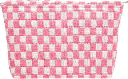 Knitted Checkered Makeup Bag Large Zipper Make Up Accessory Pouch for Purse Cosmetic Brush Bag for Travel Essential Pink White