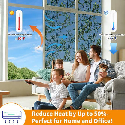 One Way Privacy Film, Window Tint for Home,Daytime Reflective, Anti UV Static Cling Sliding Door Coverings No Glue Garage Solar Paper (Black - Silver-Leaves, 23.6 x 78.7 in)