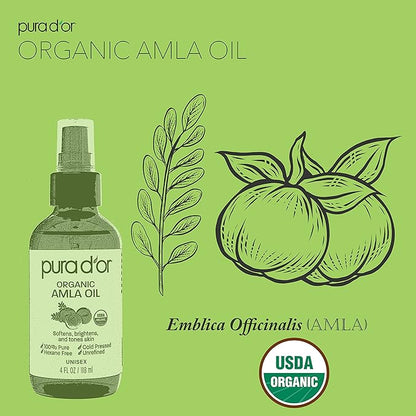 PURA D'OR 4 Oz ORGANIC Amla Oil, 100% Pure USDA Certified Premium Grade, Cold Pressed, Unrefined, Extra Virgin, Hair Serum & Thickening Hair Product w/Pump for Women & Men