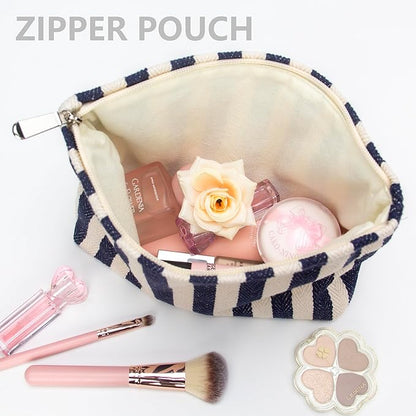 PAZIMIIK Makeup Bag Large Cotton Zipper Pouch for Purse Travel Canvas Make Up Organizer for Women Cosmetic,Stripe Navy Blue
