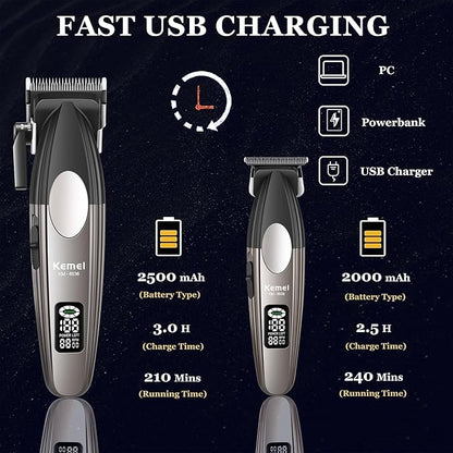 KEMEI 8536 Professional Hair Clippers for Men, Cordless Barber Clipper and Trimmers Set with LED Displays, 9000 RPM Hair Cutting Kits with Charging Bases, Mens Grooming Kit