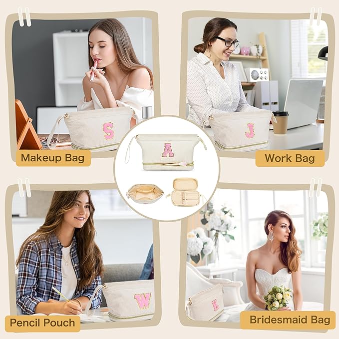 Makeup Bag for Girls Gift, Personalized Christmas Gifts Initial Women Makeup Bag for Travel, Double Layer Cosmetic Bag with Brush Organizer Preppy Make up Bag for Teen Girl Trendy - S