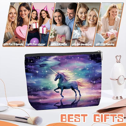Makeup Bag Travel Cosmetic Bags Small Makeup Case Waterproof Zipper Pouch for Women Girls 7X9inches - Unicorn in A Starry And Cloudy Background