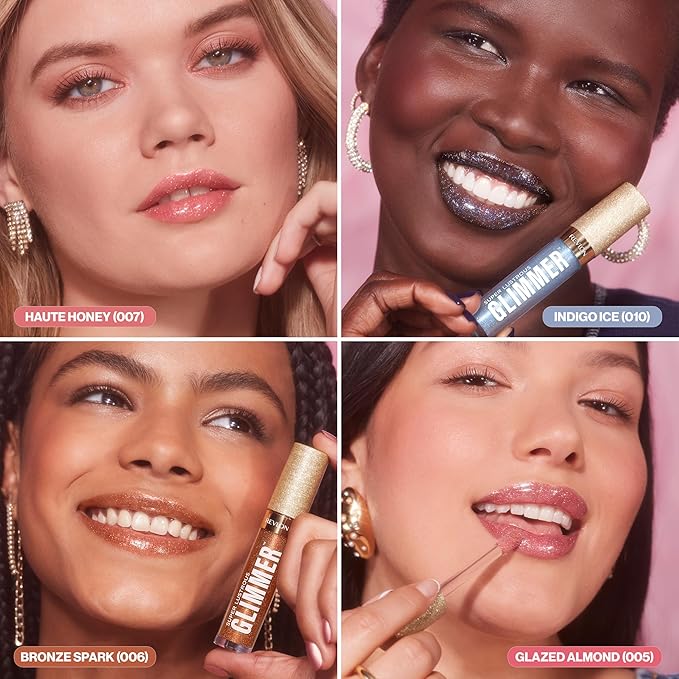 REVLON Super Lustrous Glimmer Gloss, Hydrating Lip Makeup, Non-Sticky, High-Shine Finish, Plant-Based Glitter, 010 Indigo Ice, 0.13 fl oz