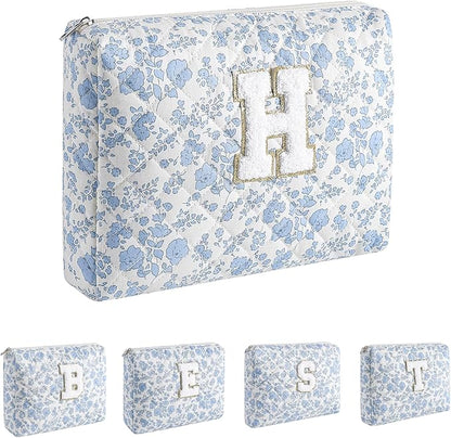 Alphabet Makeup Bag Cosmetic Bag for Women, Christmas Gifts for Age 11-18, Personalized Floral Coquette Travel Bag, Trendy Stuff Zipper Make Up Pouch Organizer Bag (Blue Floral H)