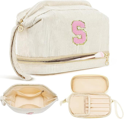 Makeup Bag for Girls Gift, Personalized Christmas Gifts Initial Women Makeup Bag for Travel, Double Layer Cosmetic Bag with Brush Organizer Preppy Make up Bag for Teen Girl Trendy - S