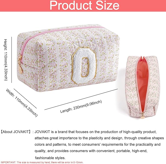 JOVAKIT Alphabet Makeup Bag Cosmetic Bag for Women, Christmas Gifts for Girls Age 6-18, Floral Flowers Coquette Travel Toiletry Zipper Make Up Pouch Organizer Trendy Stuff (Pink Floral O)