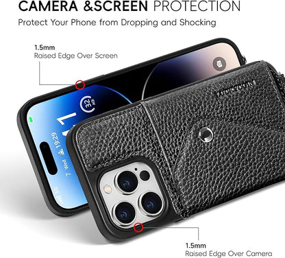 LUCKYCOIN Crossbody Wallet Phone Case for iPhone 14 Pro,100% Genuine Leather Wallet Phone Case with Expandable Flip Card Holder,Phone Purse for Women with Adjustable Removable Strap - Pebble Black