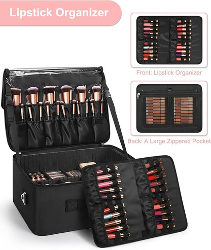 Relavel Extra Large Cosmetic Case, Travel Makeup Bag with 4 Clear Pouches & Lipstick Plate, Portable Cosmetic Case Storage Organizer Box for Makeup Artists with Shoulder Strap & Adjustable Dividers