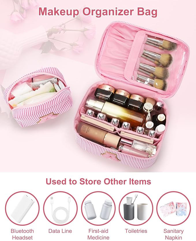 Initial Makeup Bag Set for Girls&Women,Monogram Cosmetic Bag with Brush Holder,Personalized Make Up Case for Girlfriend Graduation Teacher Gifts,Cute Toiletry Bag Preppy Chenille Letter Patch,Pink A