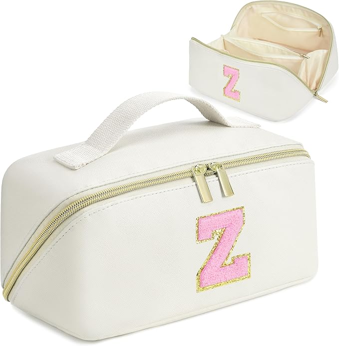 for Christmas Day Gifts, Makeup Bag for Women, PU Leather Travel Toiletry Bags, Initial Make Up Cosmetic Pouch for Teen Girls, Wide Open Portable Skincare Bag, Personalized Birthday Gifts, White Z