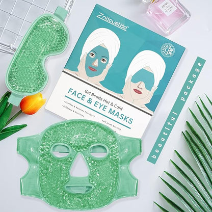 ZNÖCUETÖD Cooling Ice Face Eye Mask for Reducing Puffiness, Bags Under Eyes,Sinus,Redness,Pain Relief,Dark Circles, Migraine,Hot/Cold Pack with Soft Plush Backing(Green(1* Eye Mask+1*Face Mask))
