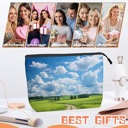 Cosmetic Bags Travel Makeup Toilet Case Waterproof Pouch for Women Girls 6.7X9.45inches - Green Field With A Winding Dirt Road Under Blue Sky