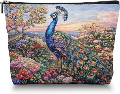 Makeup Bag Travel Cosmetic Bags Small Makeup Case Waterproof Zipper Pouch for Women Girls 7X9inches - Peacock in A Dusk - Filled Floral Landscape