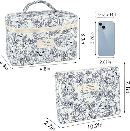 2Pcs Cotton Quilted Makeup Bag for Women Girls Floral Travel Large Small Cosmetic Bag Set Cute Vintage Flower Makeup Pouch Portable Toiletry Bag Organizer Coquette Aesthetic Makeup Brush Bag