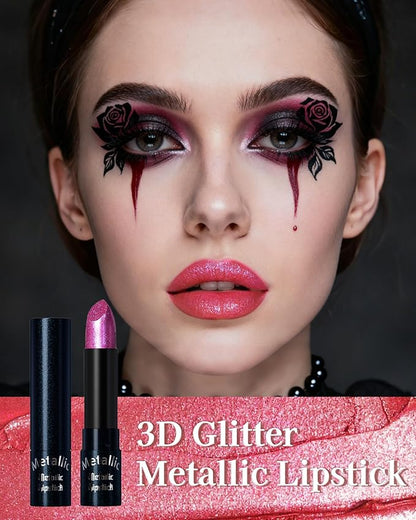 Glitter Metallic Shimmer Lipstick, Hot Pink Lipstick Long Lasting, Diamond High Pigmented Shiny Metallic Lip Stick, Non-sticky Sparkly Lipsticks for Women Christmas Makeup-06 Hot Pink