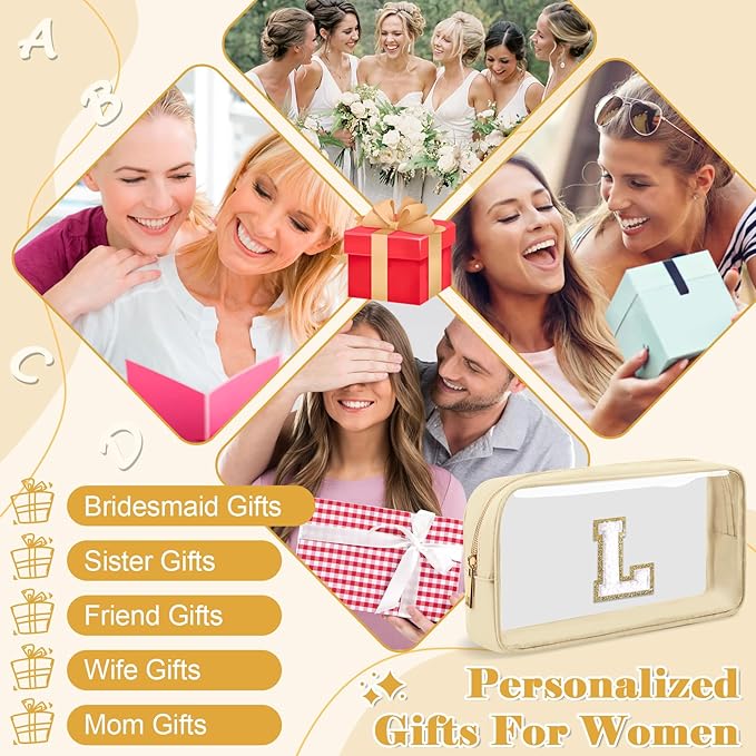 Personalized Initial Letter Clear Makeup Bag,Preppy Small Nylon&PVC Cosmetic Zipper Bag with Chenille Letter,Portable Beach Travel Skincare Toiletry Bag,Trendy Monogram Gift for Teen Girls Women,L