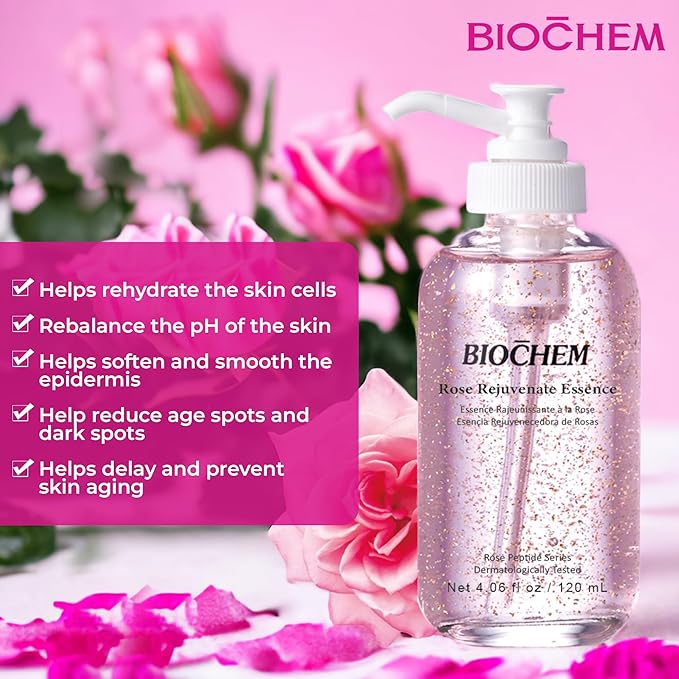 BIOCHEM Rose Rejuvenate Essence - 4.06 fl oz / 120 ml, Hydrating & Facial Anti-Aging Essence with Rose Extract for Anti-Wrinkle & Firm Skin Benefits, Serum-Like Anti-Aging Beauty Elixir Booster