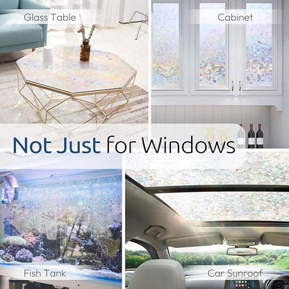 rabbitgoo Window Privacy Film Rainbow Film Decorative Window Sticker, 3D Static Stained Glass Cling Tint for Home Heat Control Non-Adhesive, 11.8 x 157.4 inches