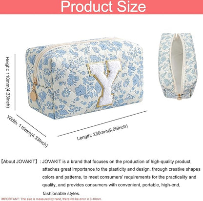 JOVAKIT Alphabet Makeup Bag Cosmetic Bag for Women, Christmas Gifts for Girls Age 6-18, Floral Flowers Coquette Travel Toiletry Zipper Make Up Pouch Organizer Trendy Stuff (Blue Floral Y)