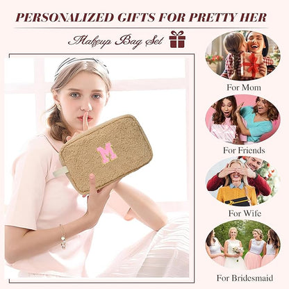 for Christmas Day Gifts, Personalized Initial Cosmetic Bag Pouch for Teen Girls, Preppy Makeup Travel Bags for Daughter Sister Girlfriend, Monogramed Make Up Pouch for Birthday Gifts - Brown X